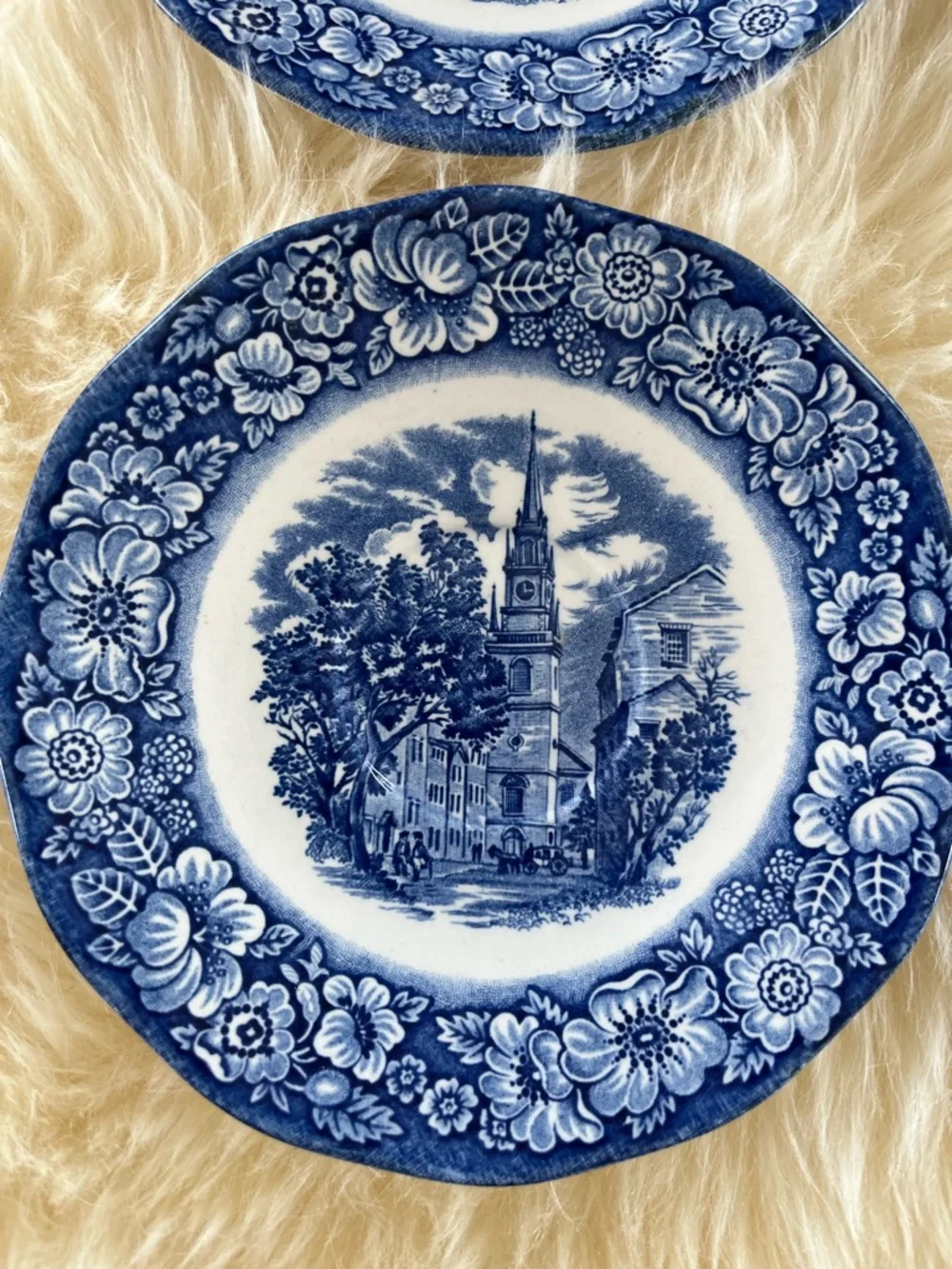 Staffordshire Ironstone Liberty Blue Tea Cup Saucers Old North Church Set Of 4